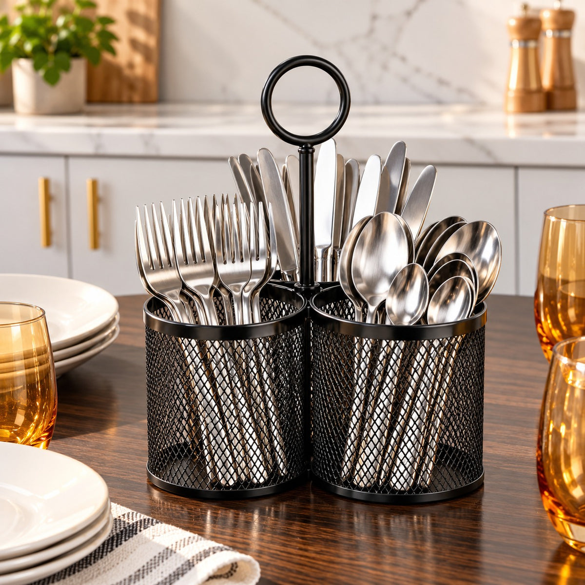 Black Metal Multi-Compartment Cutlery Organizer