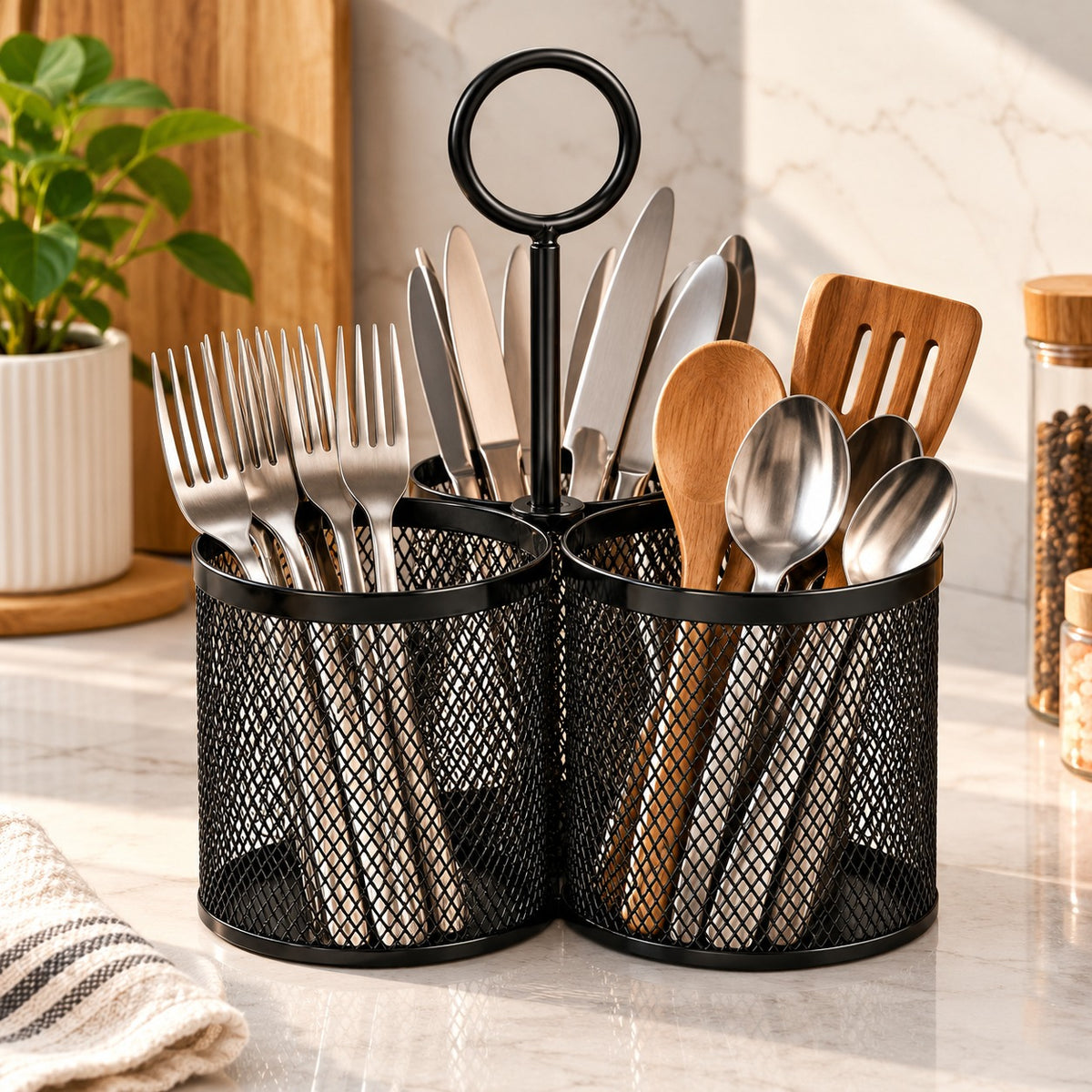 Black Metal Multi-Compartment Cutlery Organizer