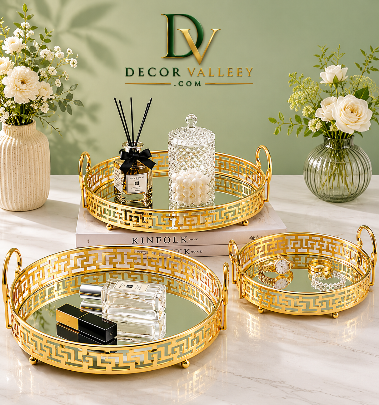 Luxury Gold Mirror Serving Tray Set – Decorative Vanity Organizer Trays