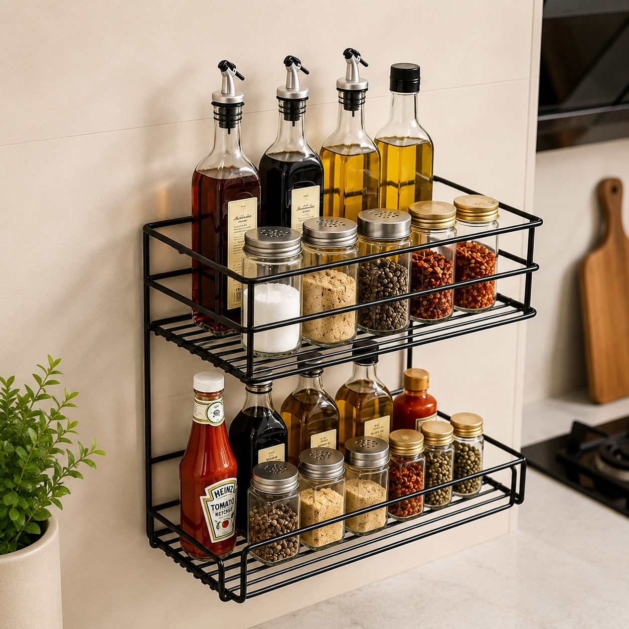 2-Tier Wall Mounted Kitchen Spice Rack – Black Metal Organizer Shelf