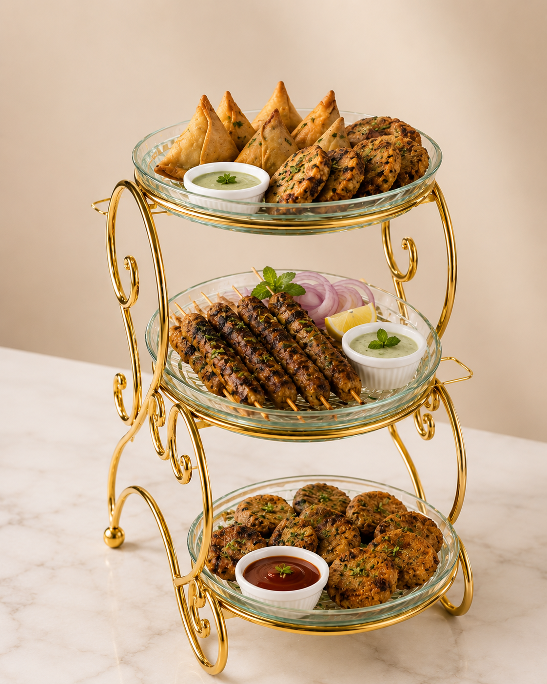 Luxury 3-Tier Glass Serving Stand with Golden Metal Frame