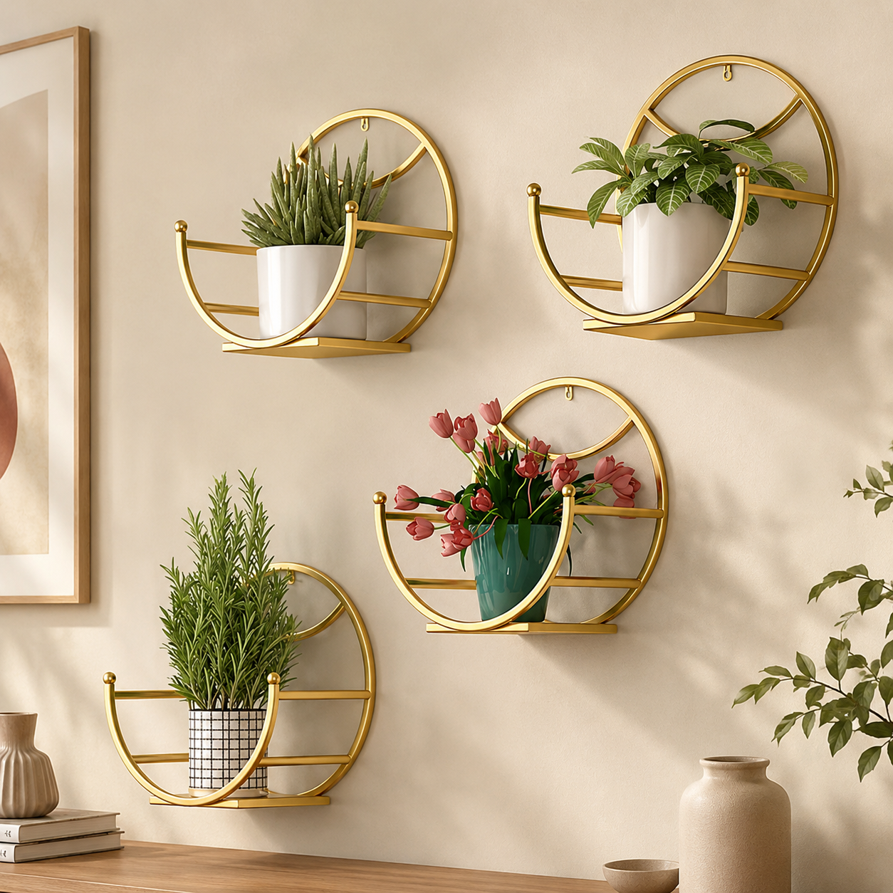 Golden Round Wall Mounted Plant Shelf / Decorative Wall Rack