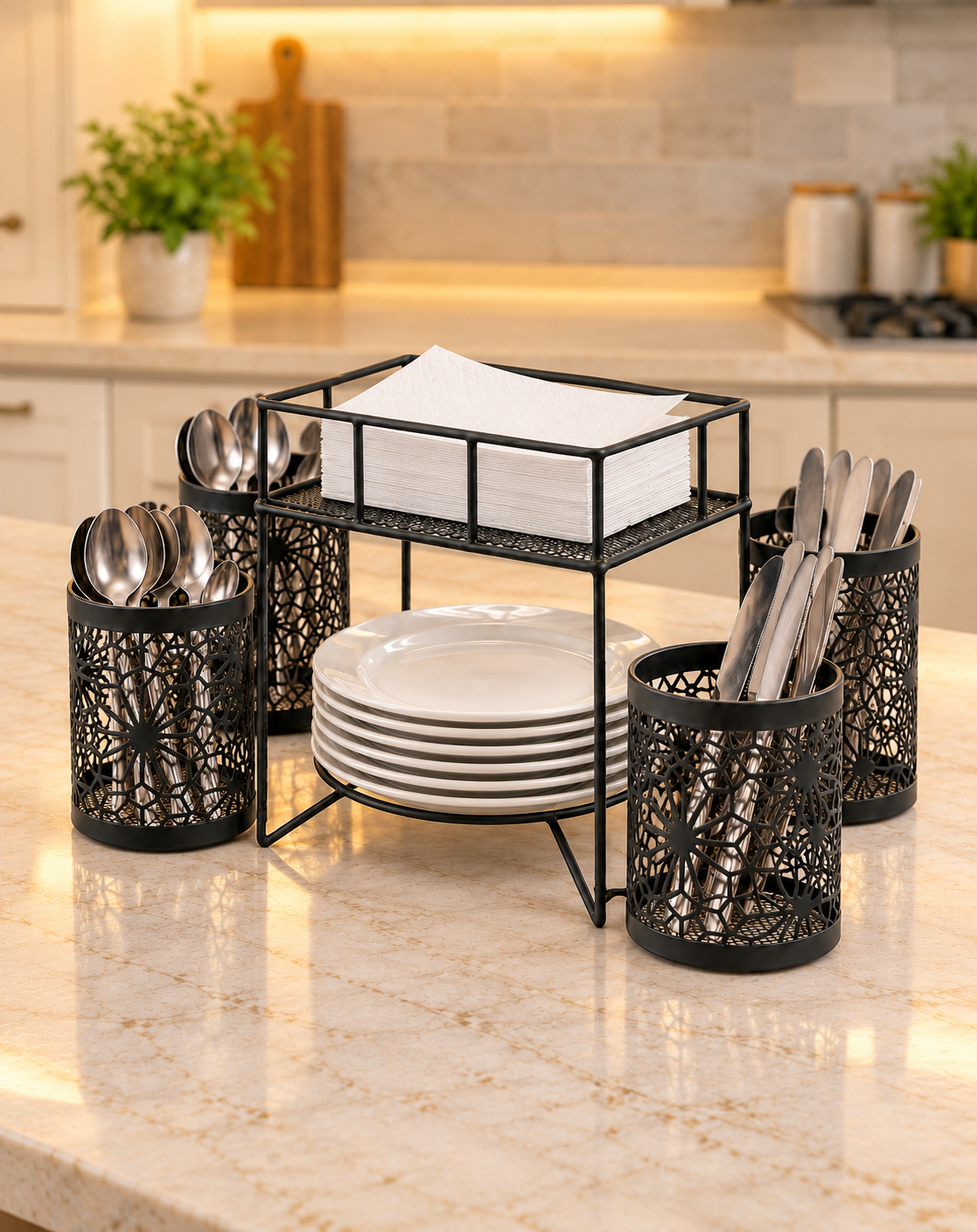 3-in-1 Black Metal Dining Organizer – Tissue, Plate & Cutlery Stand