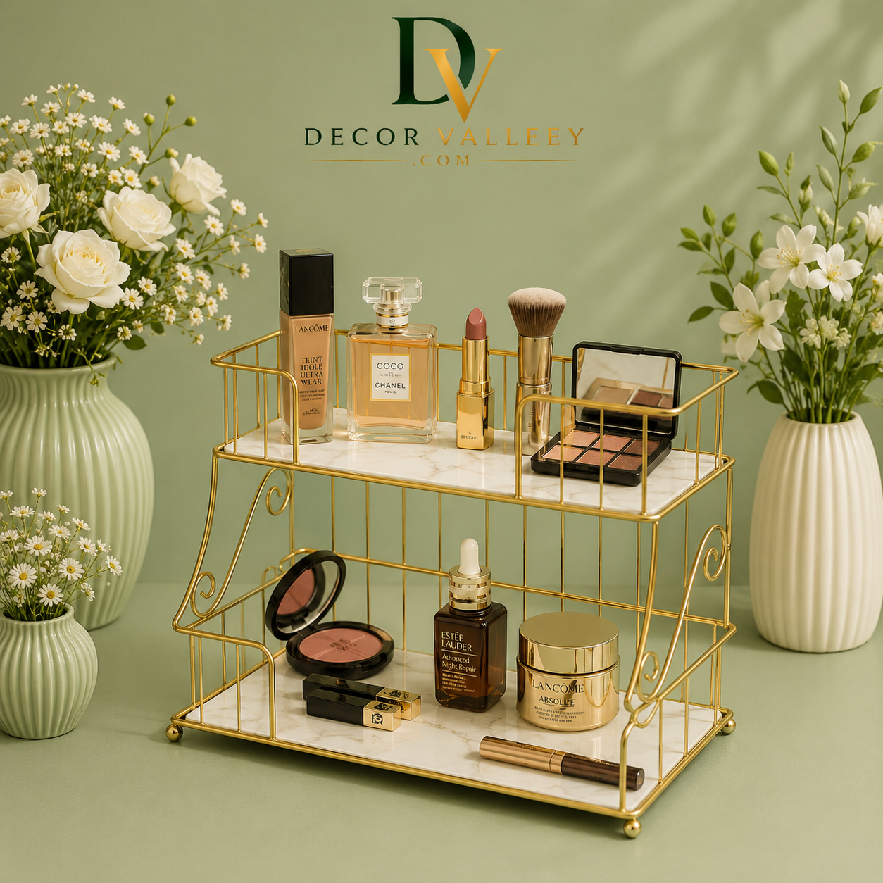 Luxury 2-Tier Golden Makeup Organizer Rack