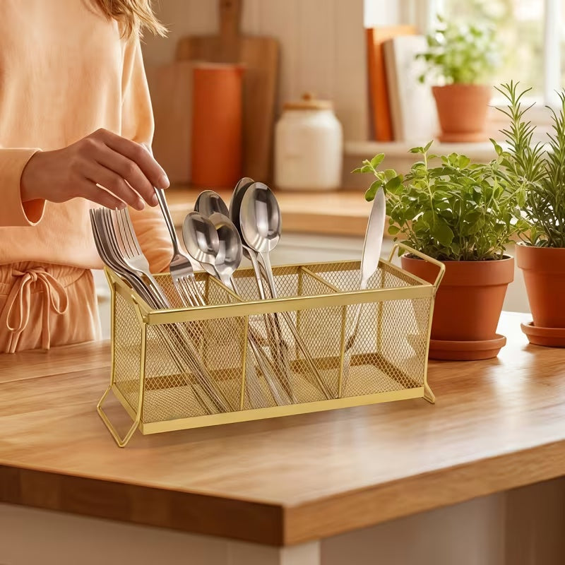 Premium Gold Mesh Cutlery Organizer Basket – Kitchen Spoon & Fork Holder