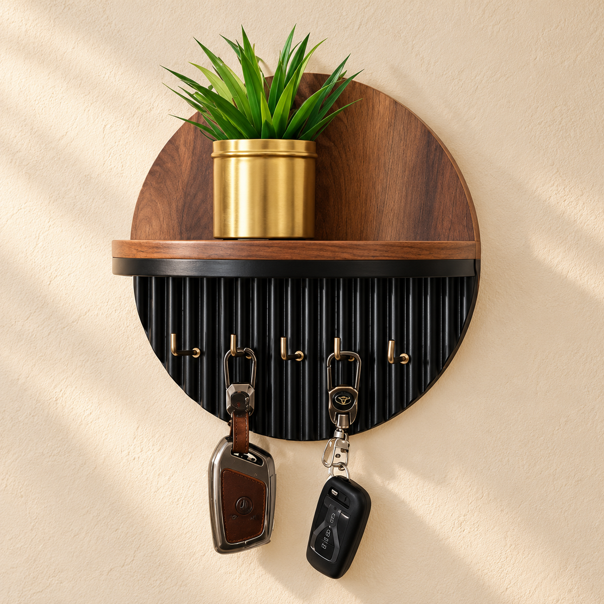Wooden Wall Mounted Key Holder with Storage Shelf & Hooks