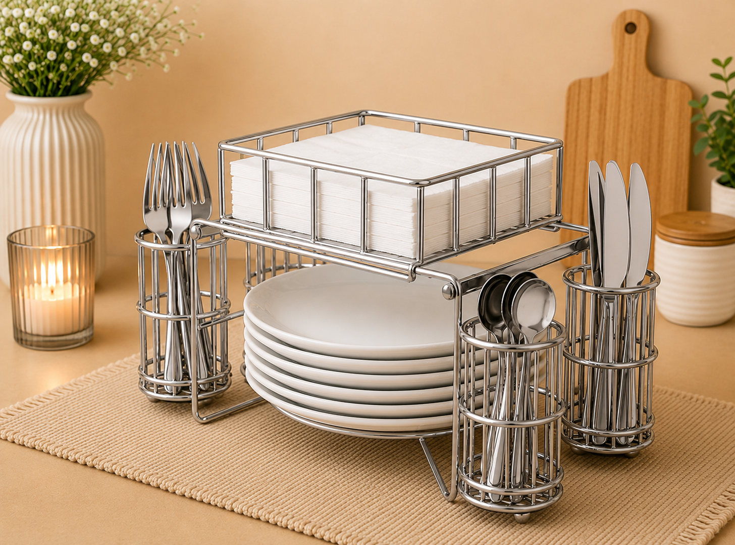 Luxury Metal Buffet Organizer – Plate, Cutlery & Napkin Holder
