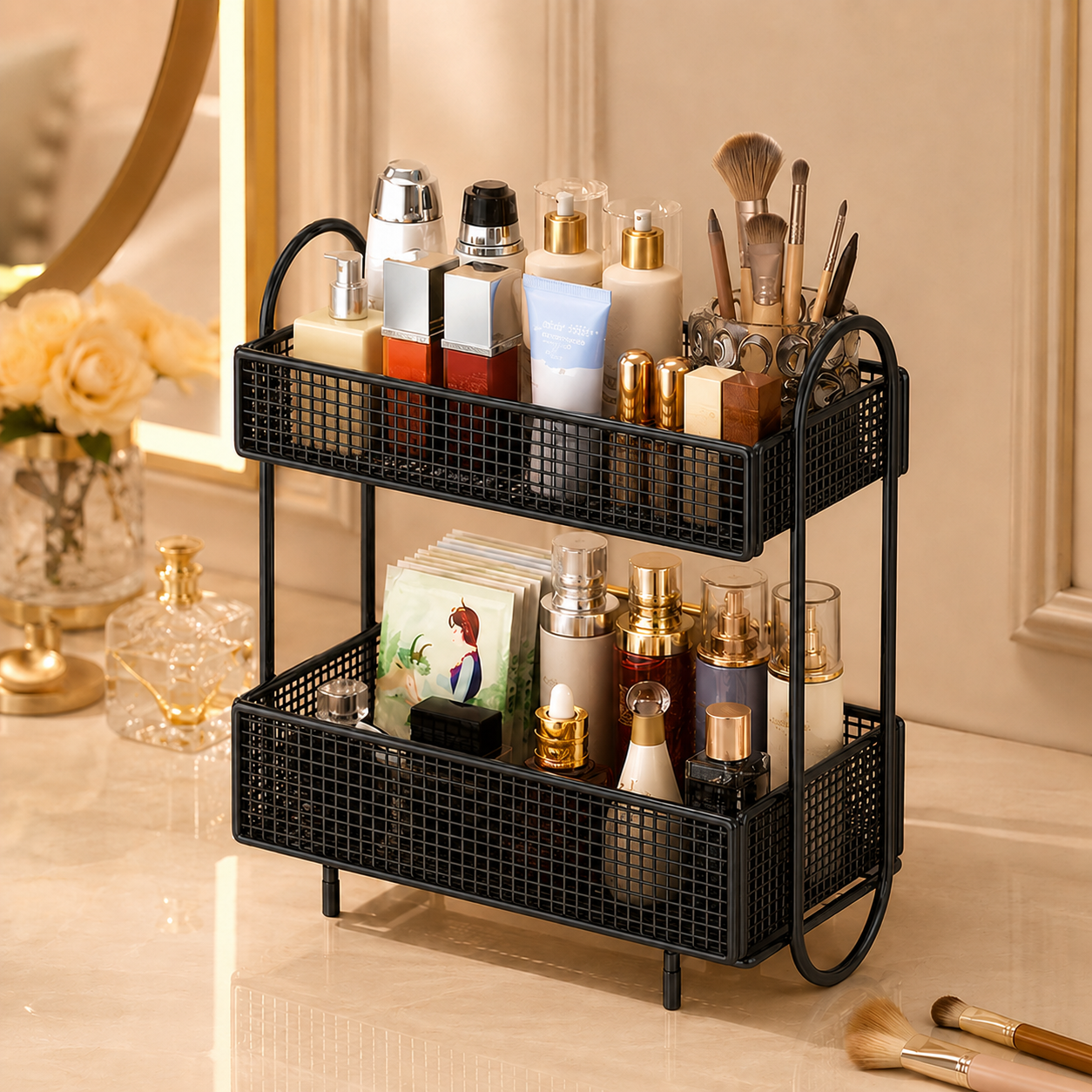 Golden 2-Tier Makeup & Skincare Organizer Rack